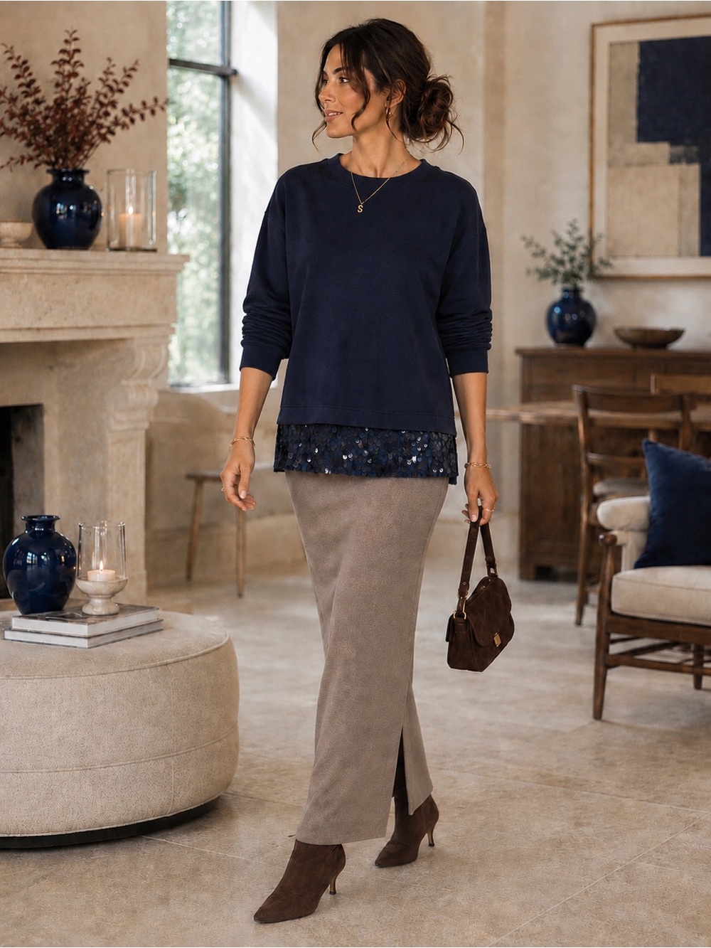 J. Crew Navy Sequin Hem Trim 3/4 Sleeve Sweatshirt Top